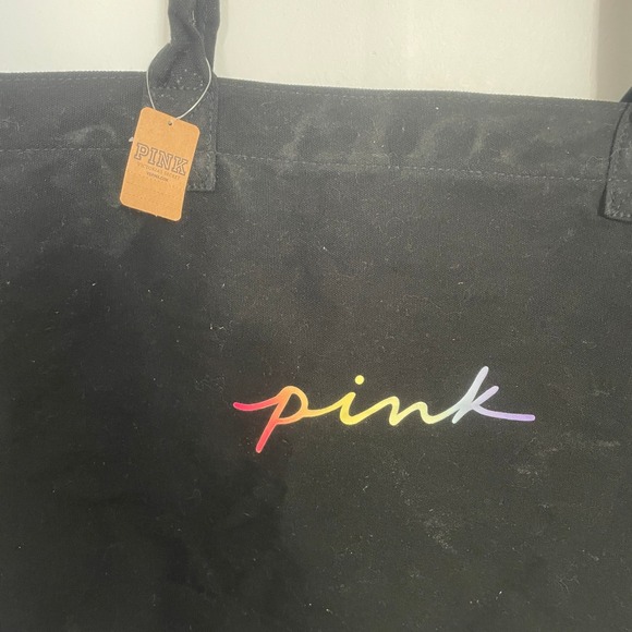 Victoria's Secret PINK Canvas Tote Bag Black Rainbow Logo‎ Large Duffel Travel - Picture 2 of 10